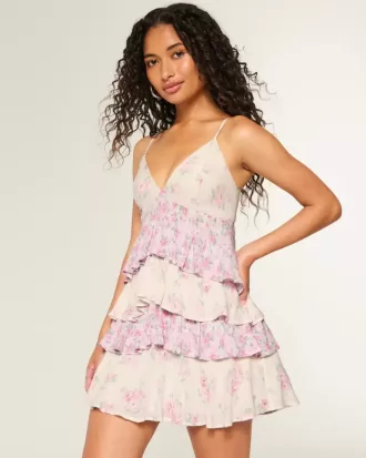 Babydoll-Minikleid mit V-Ausschnitt und Rüschen