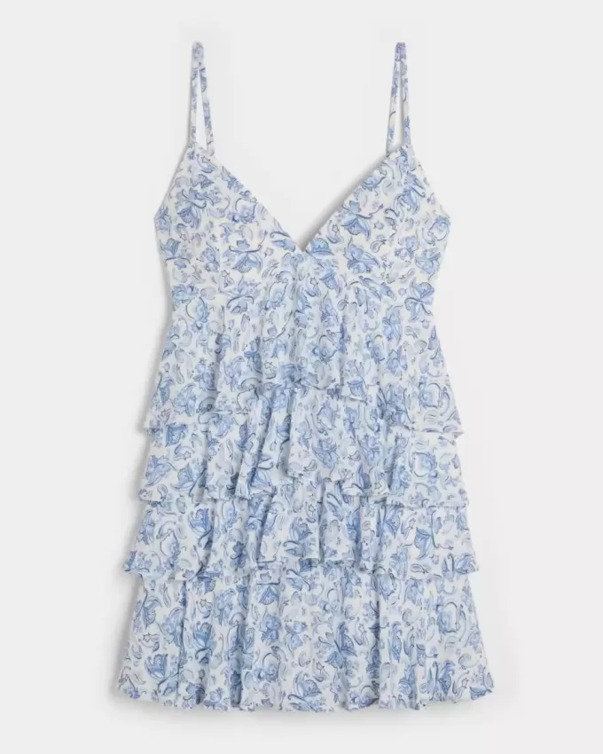 Babydoll-Minikleid mit V-Ausschnitt und Rüschen