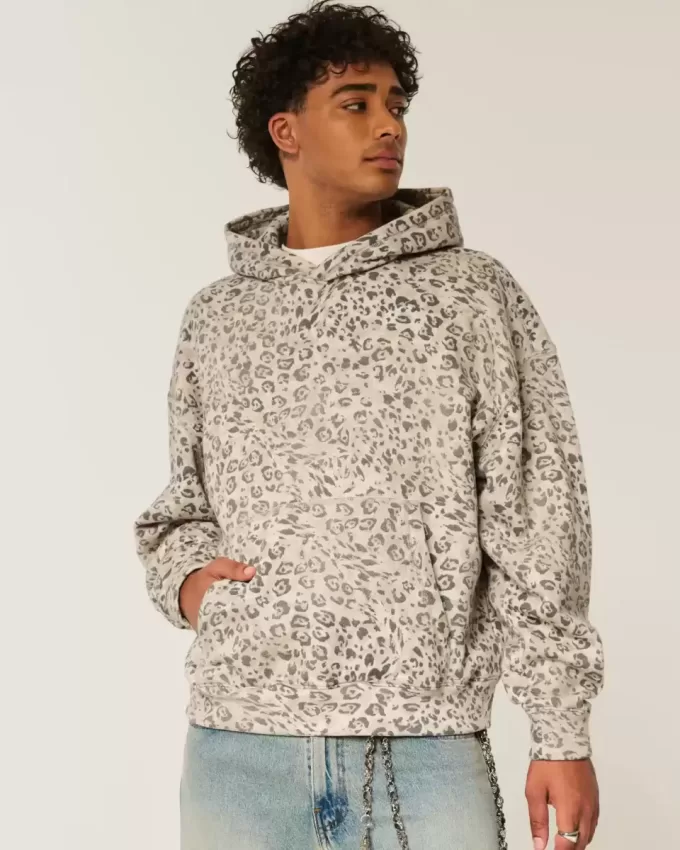 Baggy-Hoodie mit Cinch-Ausschnitt und Leopardenmuster Baggy-Hoodie mit Cinch-Ausschnitt und Leopardenmuster