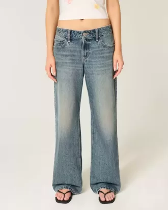Baggy-Jeans mit niedriger Taille und verstellbarer Taille in mittlerer Waschung
