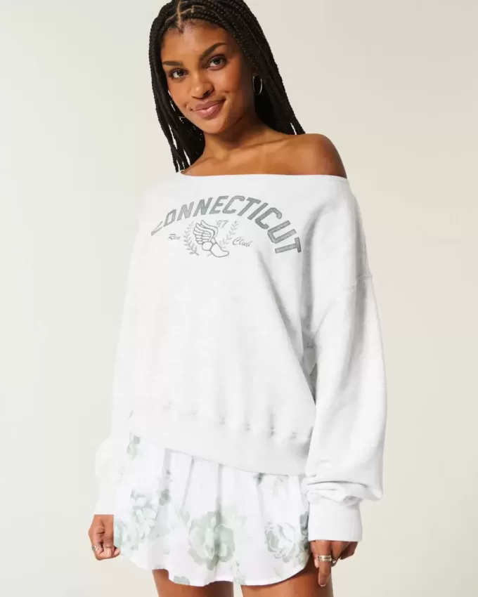 Bequemes, schulterfreies Connecticut-Grafik-Sweatshirt Bequemes, schulterfreies Connecticut-Grafik-Sweatshirt