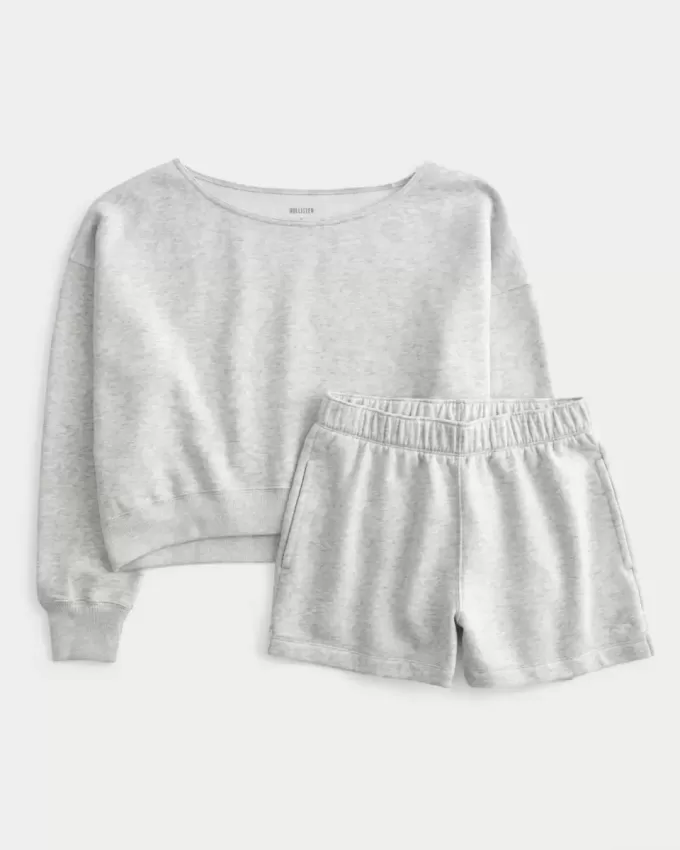 Bequemes Set aus schulterfreiem Sweatshirt und Fleece-Shorts Bequemes Set aus schulterfreiem Sweatshirt und Fleece-Shorts