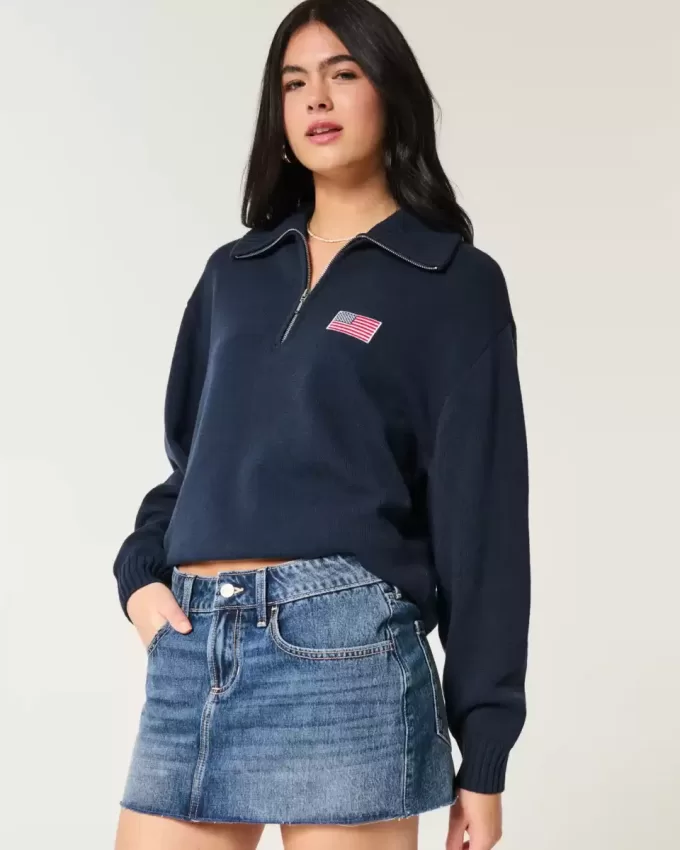 Übergroßer Pullover mit amerikanischer Flaggengrafik und halbem Reißverschluss Übergroßer Pullover mit amerikanischer Flaggengrafik und halbem Reißverschluss