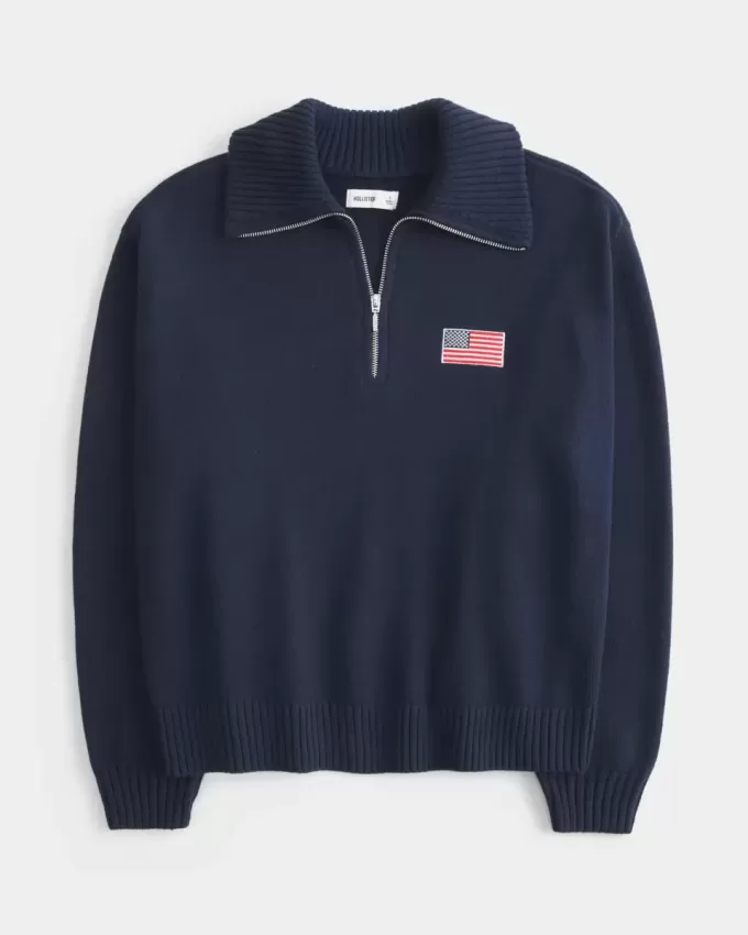 Übergroßer Pullover mit amerikanischer Flaggengrafik und halbem Reißverschluss Übergroßer Pullover mit amerikanischer Flaggengrafik und halbem Reißverschluss