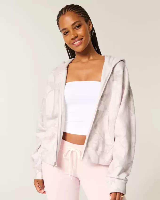 Übergroßer rosa Camouflage-Kapuzenpullover mit Reißverschluss Übergroßer rosa Camouflage-Kapuzenpullover mit Reißverschluss