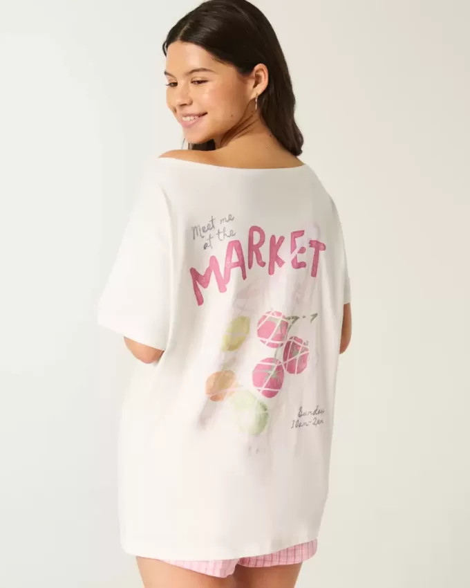Übergroßes schulterfreies Farmers Market-Grafik-T-Shirt Übergroßes schulterfreies Farmers Market-Grafik-T-Shirt