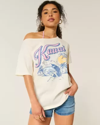Übergroßes schulterfreies Kauai-Grafik-T-Shirt