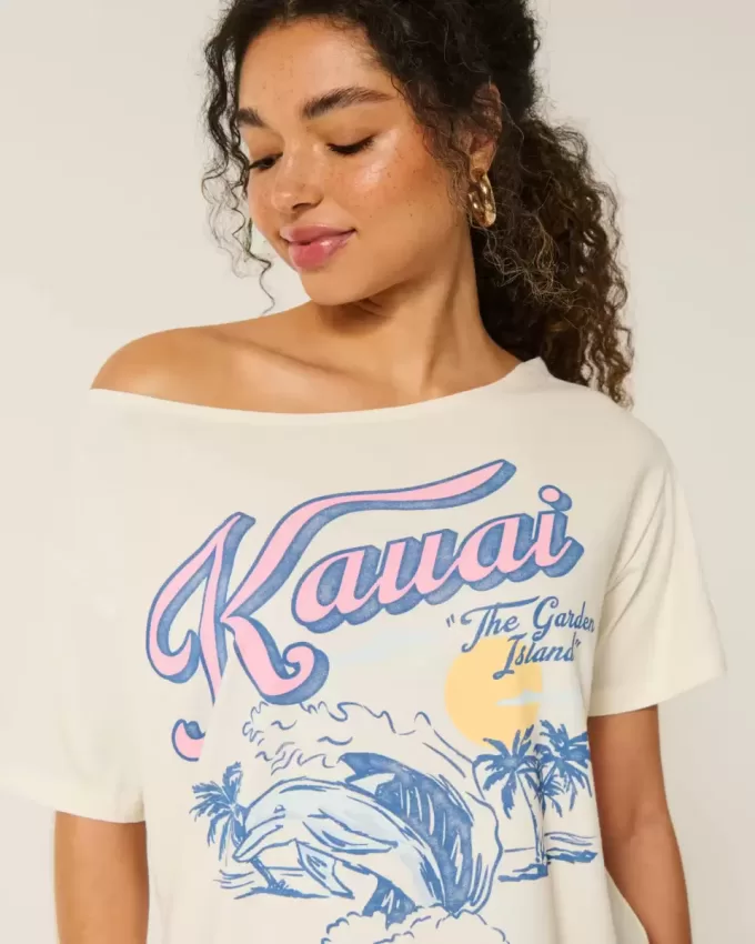 Übergroßes schulterfreies Kauai-Grafik-T-Shirt Übergroßes schulterfreies Kauai-Grafik-T-Shirt