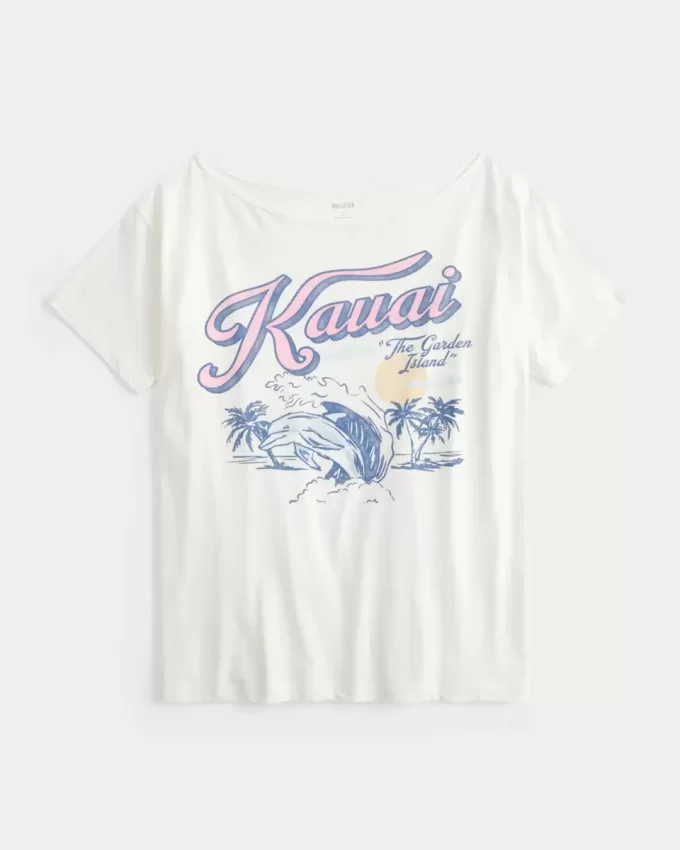 Übergroßes schulterfreies Kauai-Grafik-T-Shirt Übergroßes schulterfreies Kauai-Grafik-T-Shirt
