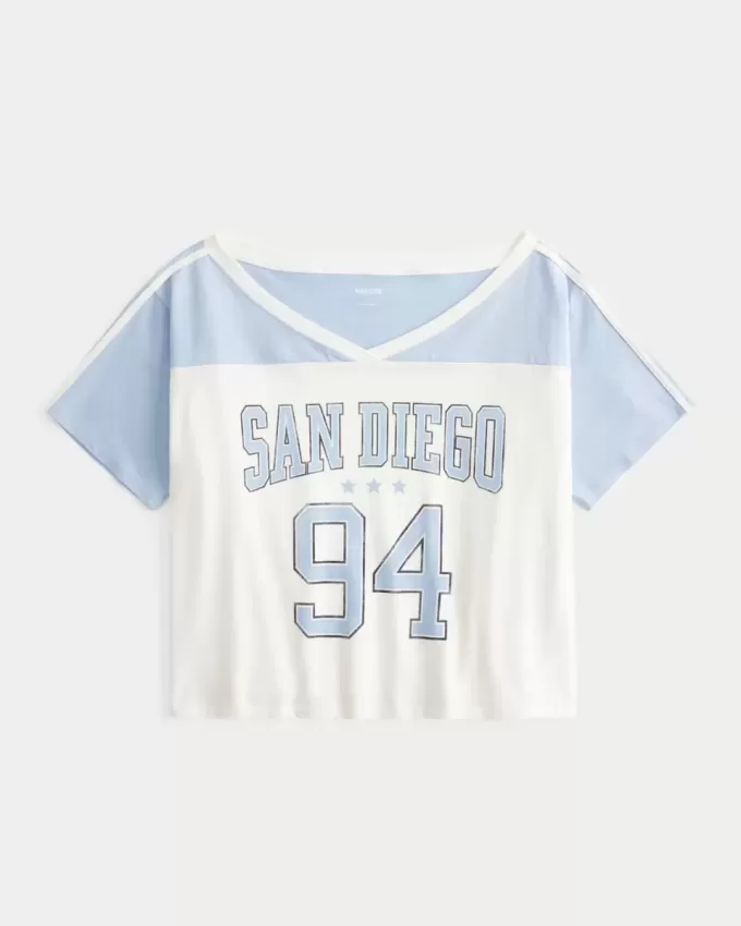 Übergroßes schulterfreies Varsity San Diego Grafik-T-Shirt Übergroßes schulterfreies Varsity San Diego Grafik-T-Shirt
