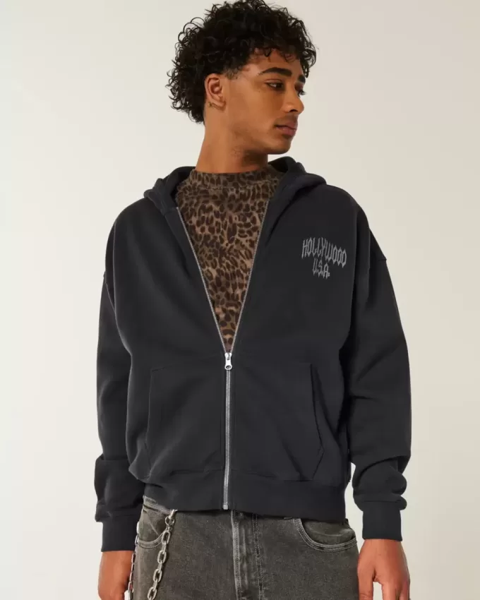 Boxy Hollywood Grafik-Kapuzenpullover mit Reißverschluss Boxy Hollywood Grafik-Kapuzenpullover mit Reißverschluss