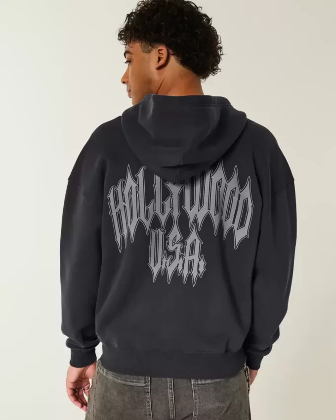 Boxy Hollywood Grafik-Kapuzenpullover mit Reißverschluss Boxy Hollywood Grafik-Kapuzenpullover mit Reißverschluss