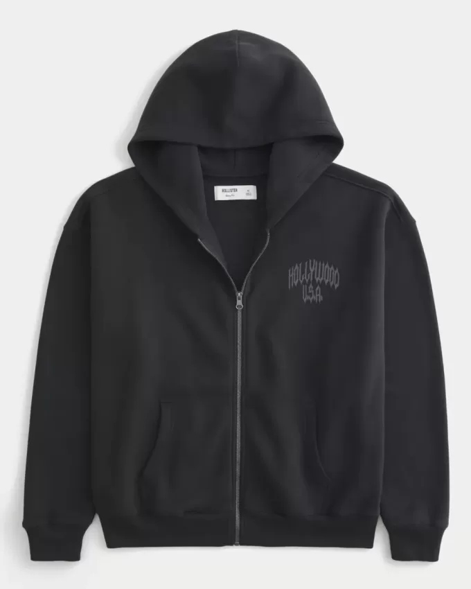 Boxy Hollywood Grafik-Kapuzenpullover mit Reißverschluss Boxy Hollywood Grafik-Kapuzenpullover mit Reißverschluss