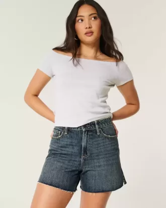 Curvy High-Rise Relaxed Denim Shorts in dunkler Waschung, 5″