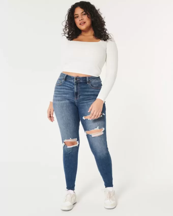 Curvy High-Rise Ripped Super Skinny Jeans in dunkler Waschung Curvy High-Rise Ripped Super Skinny Jeans in dunkler Waschung