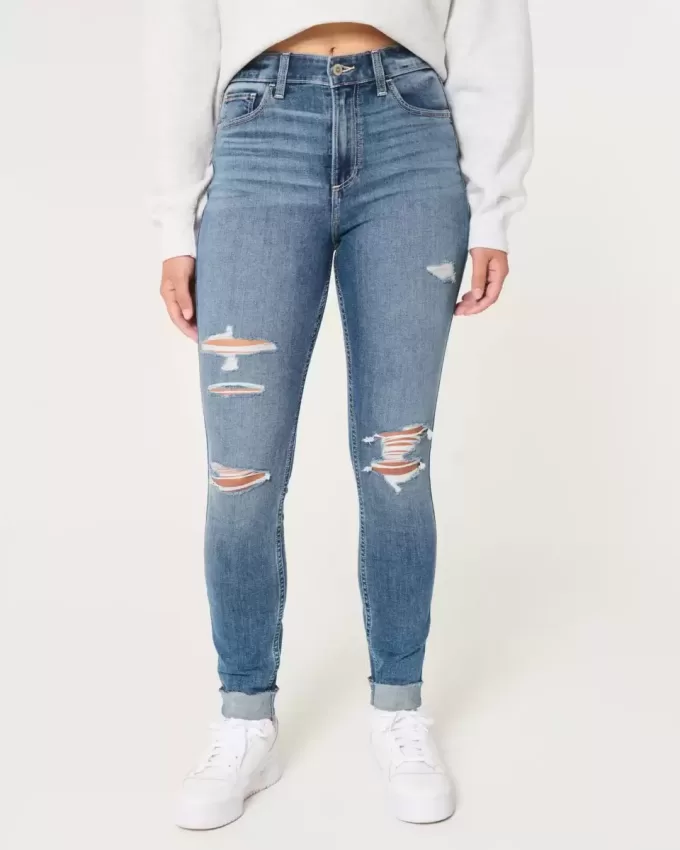 Curvy High-Rise Ripped Super Skinny Jeans in mittlerer Waschung Curvy High-Rise Ripped Super Skinny Jeans in mittlerer Waschung