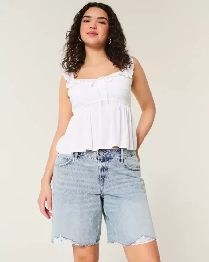 Curvy Low-Rise Baggy Jort im Distressed-Look, hell gewaschen