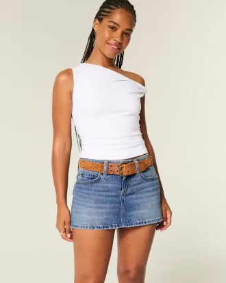 Curvy Low-Rise Mini-Jeansrock mit bestickter Schleife