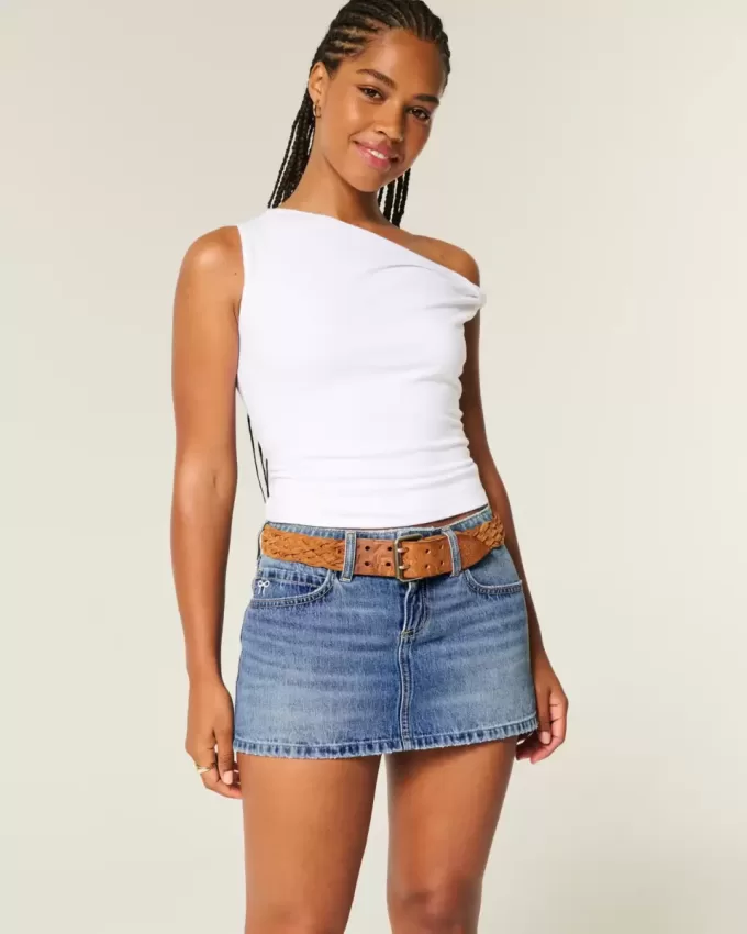Curvy Low-Rise Mini-Jeansrock mit bestickter Schleife Curvy Low-Rise Mini-Jeansrock mit bestickter Schleife