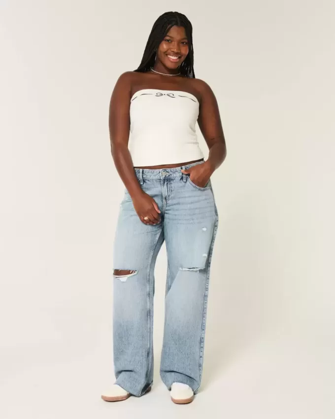 Curvy Low-Rise-Rip-Baggy-Jeans in mittlerer Waschung Curvy Low-Rise-Rip-Baggy-Jeans in mittlerer Waschung