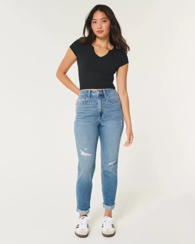 Curvy Ultra High Rise zerrissene Mom-Jeans in mittlerer Waschung Curvy Ultra High Rise zerrissene Mom-Jeans in mittlerer Waschung