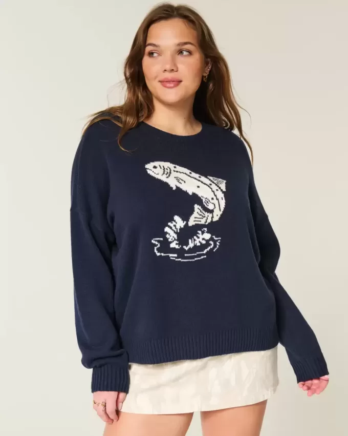Easy Jumping Fish Graphic Rundhalspullover Easy Jumping Fish Graphic Rundhalspullover