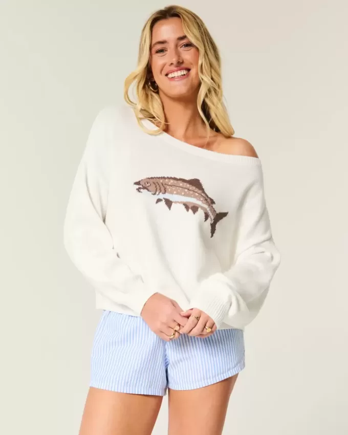 Einfacher schulterfreier Pullover mit Fischgrafik Einfacher schulterfreier Pullover mit Fischgrafik