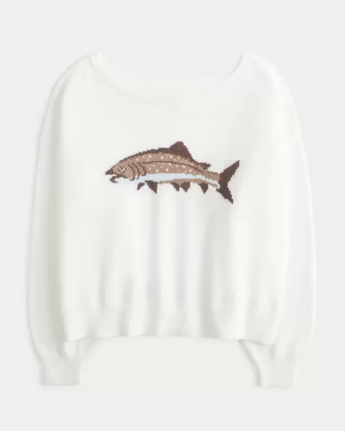 Einfacher schulterfreier Pullover mit Fischgrafik Einfacher schulterfreier Pullover mit Fischgrafik