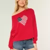 Einfacher schulterfreier Pullover mit Herzflaggen-Grafik Einfacher schulterfreier Pullover mit Herzflaggen-Grafik