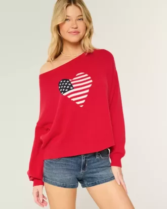 Einfacher schulterfreier Pullover mit Herzflaggen-Grafik