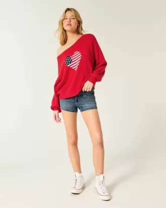 Einfacher schulterfreier Pullover mit Herzflaggen-Grafik