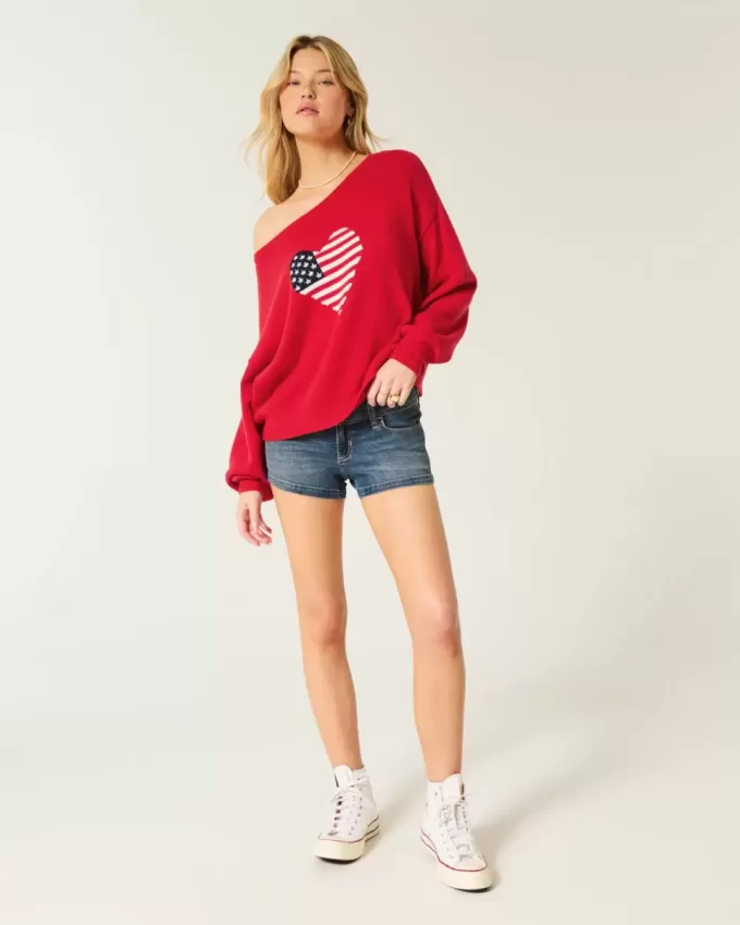 Einfacher schulterfreier Pullover mit Herzflaggen-Grafik Einfacher schulterfreier Pullover mit Herzflaggen-Grafik
