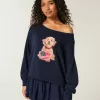 Einfacher schulterfreier Pullover mit Hundegrafik