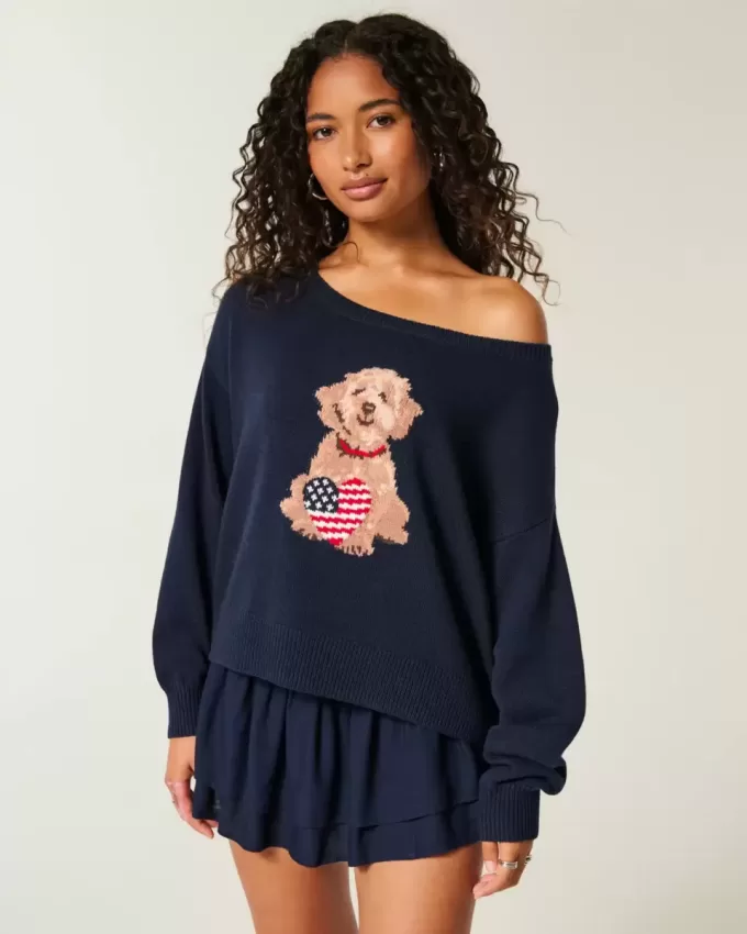 Einfacher schulterfreier Pullover mit Hundegrafik