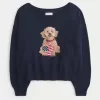Einfacher schulterfreier Pullover mit Hundegrafik
