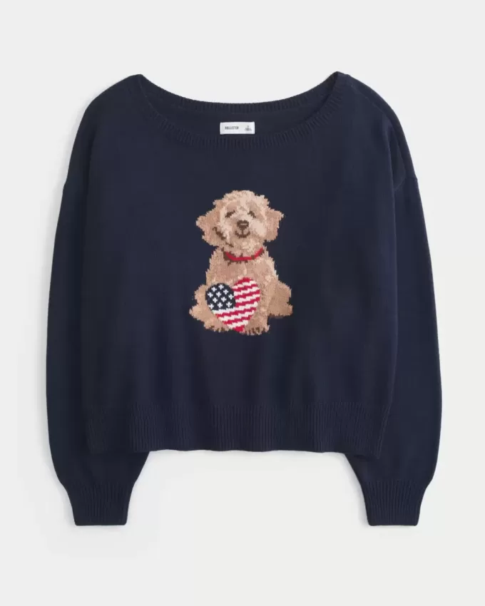 Einfacher schulterfreier Pullover mit Hundegrafik