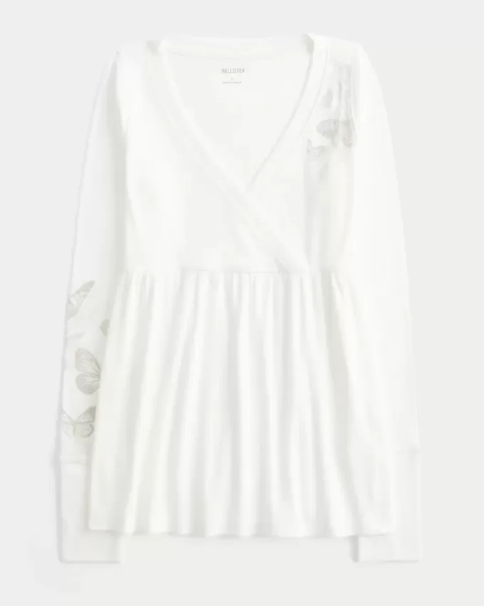 Einfaches langärmliges Babydoll-Oberteil mit Schmetterlingsmuster