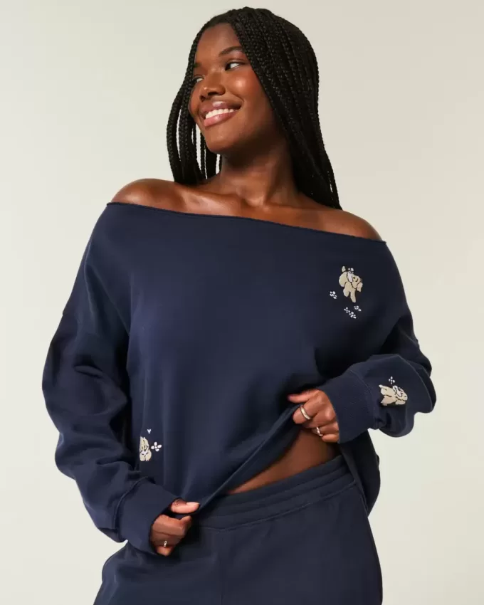 Einfaches, schulterfreies Sweatshirt mit doppelter Grafik Einfaches, schulterfreies Sweatshirt mit doppelter Grafik