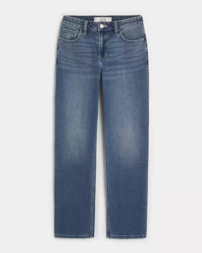 Gerade geschnittene Jeans mit hoher Taille und mittlerer Waschung Gerade geschnittene Jeans mit hoher Taille und mittlerer Waschung