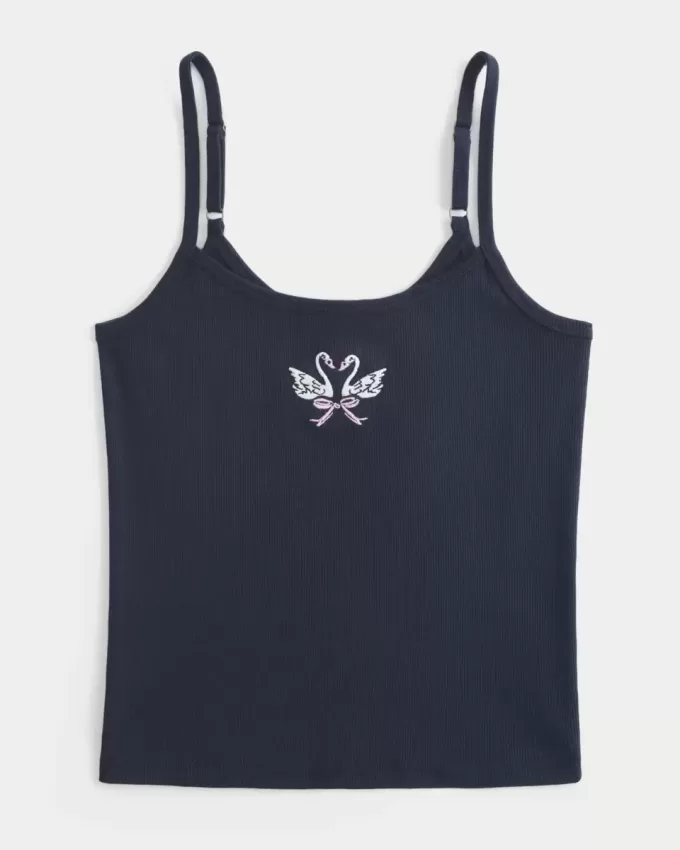 Geripptes Camisole mit Schwanengrafik Geripptes Camisole mit Schwanengrafik