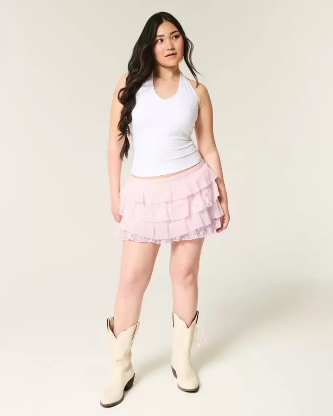 Gestufter Mini-Skort aus Spitzen-Chiffon Gestufter Mini-Skort aus Spitzen-Chiffon