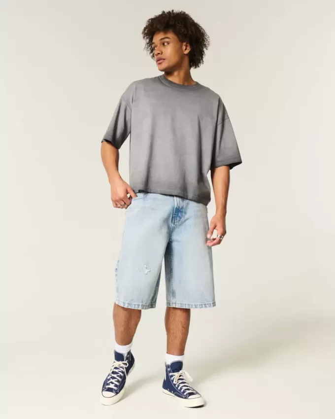 Gewaschenes Baggy Crop T-Shirt mit Rundhalsausschnitt Gewaschenes Baggy Crop T-Shirt mit Rundhalsausschnitt