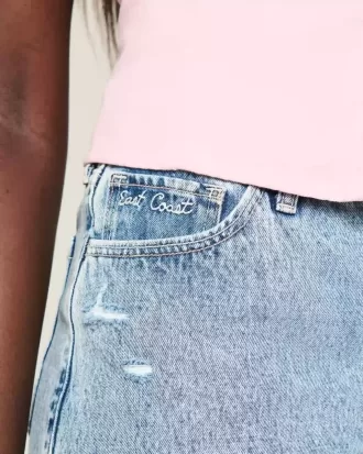 High-Rise Baggy-Jeansshorts mit mittlerer Waschung und Muschelstickerei, 5″