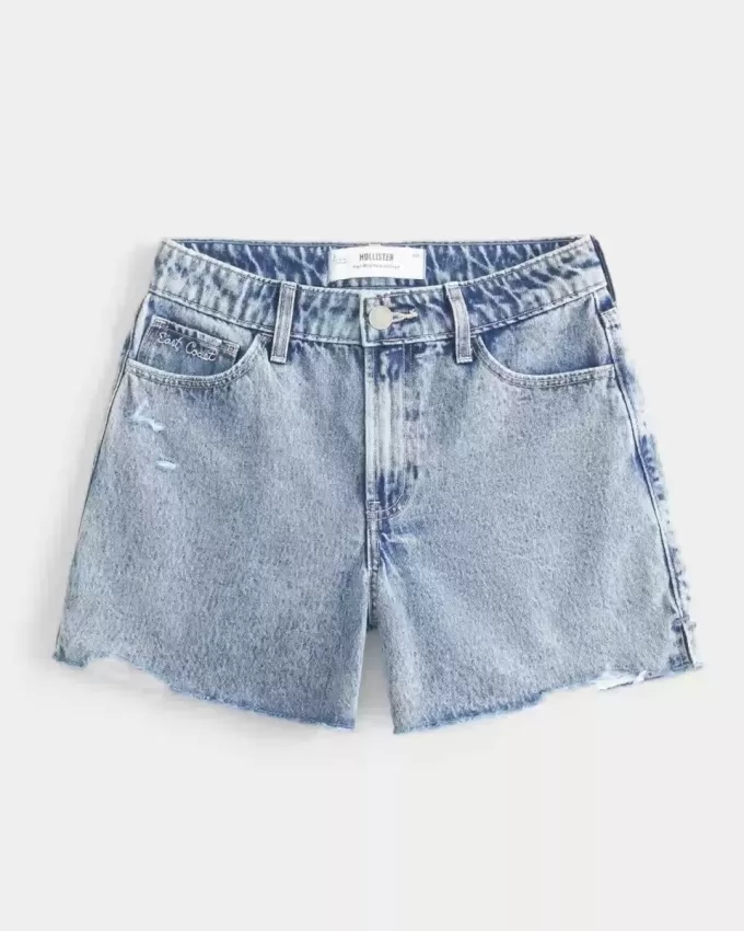 High-Rise Baggy-Jeansshorts mit mittlerer Waschung und Muschelstickerei, 5″ High-Rise Baggy-Jeansshorts mit mittlerer Waschung und Muschelstickerei, 5″