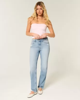 High-Rise Distressed-Jeans in heller Waschung mit geradem Bein