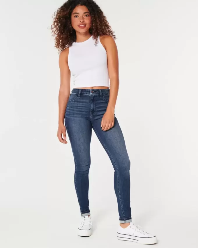 Hoch geschnittene Jeans-Leggings in dunkler Waschung Hoch geschnittene Jeans-Leggings in dunkler Waschung