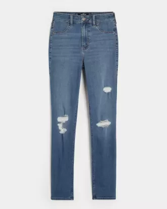Hoch geschnittene Jeans-Leggings mit Rissen in mittlerer Waschung