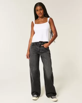 Hoch geschnittene, verwaschene Baggy-Jeans in Schwarz