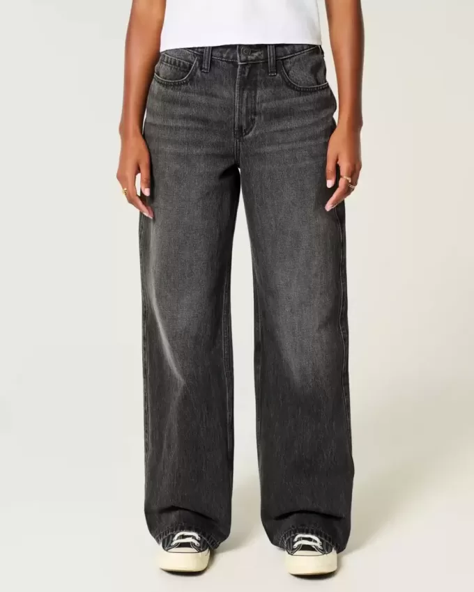 Hoch geschnittene, verwaschene Baggy-Jeans in Schwarz