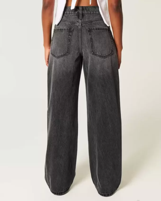 Hoch geschnittene, verwaschene Baggy-Jeans in Schwarz